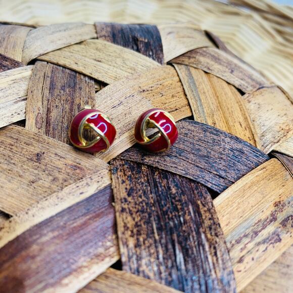Red Enamel Knot Earrings Gold 3/8" diameter - Picture 1 of 3